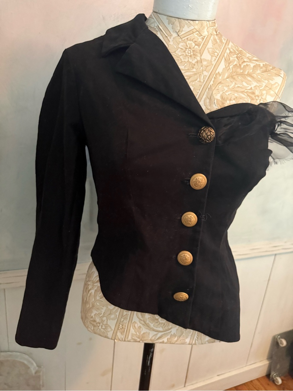 Vintage 1960’sBlack Asymmetric Button-Front Women's Jacket one sleeve unique